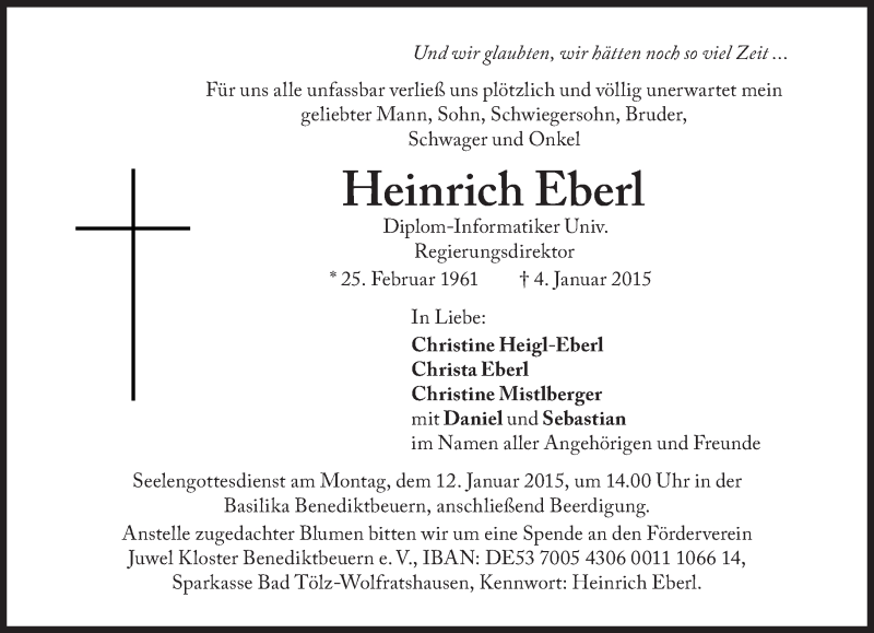  Traueranzeige für Heinrich Eberl vom 09.01.2015 aus Süddeutsche Zeitung