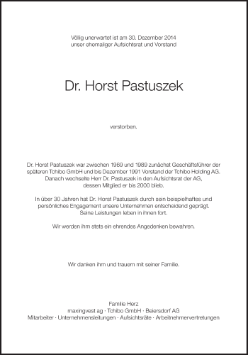 Traueranzeige von Horst Pastuszek von Süddeutsche Zeitung