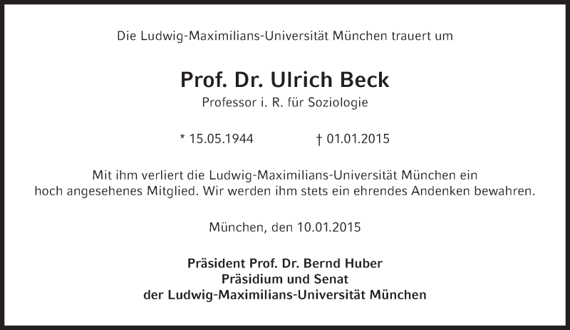  Traueranzeige für Ulrich Beck vom 10.01.2015 aus Süddeutsche Zeitung