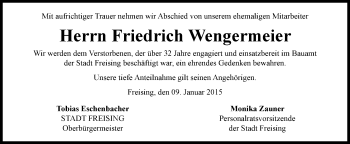 Traueranzeige von Friedrich Wengermeier von Süddeutsche Zeitung