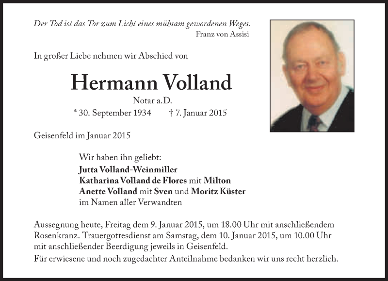 Traueranzeige für Hermann Volland vom 09.01.2015 aus Süddeutsche Zeitung
