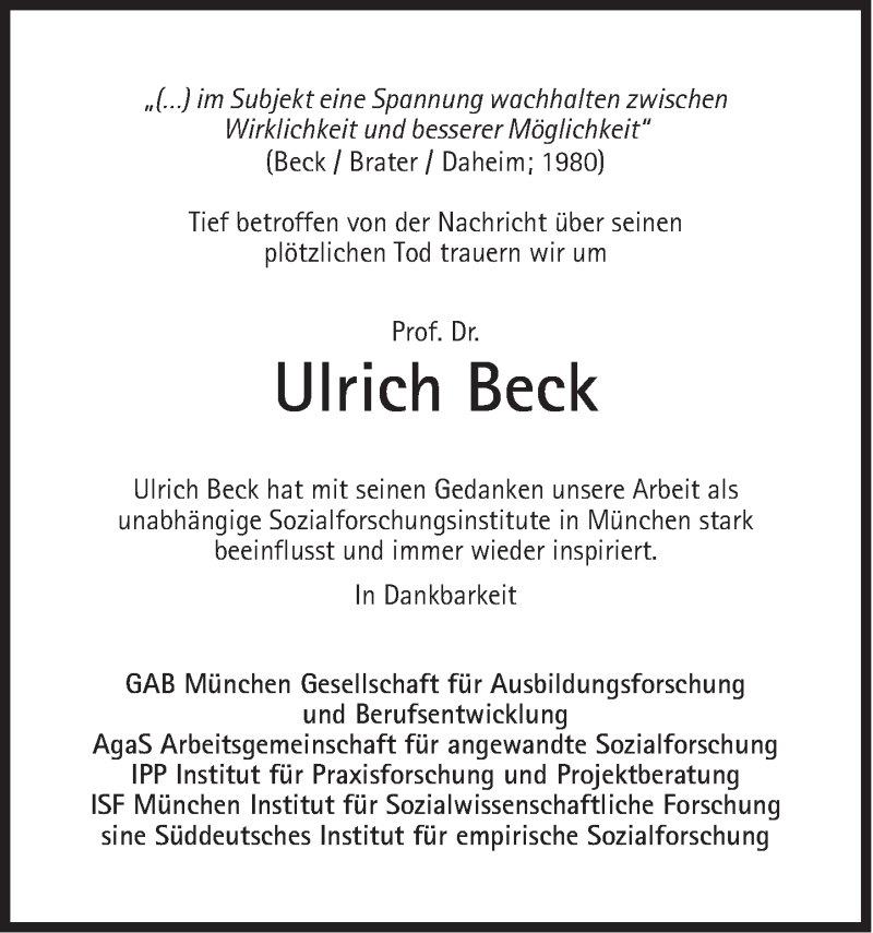  Traueranzeige für Ulrich Beck vom 10.01.2015 aus Süddeutsche Zeitung
