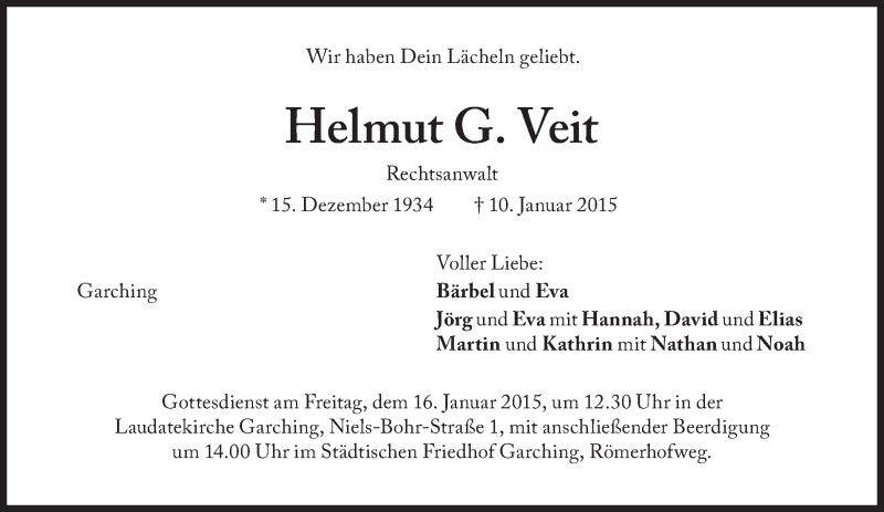  Traueranzeige für Helmut G. Veit vom 14.01.2015 aus Süddeutsche Zeitung