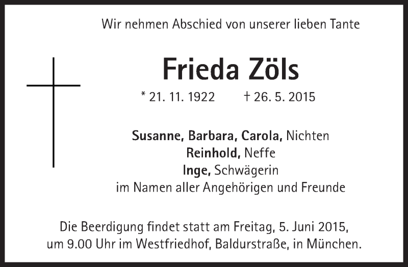  Traueranzeige für Frieda Zöls vom 30.05.2015 aus Süddeutsche Zeitung
