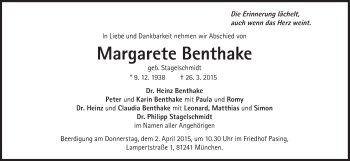 Traueranzeige von Margarethe Benthake von Süddeutsche Zeitung
