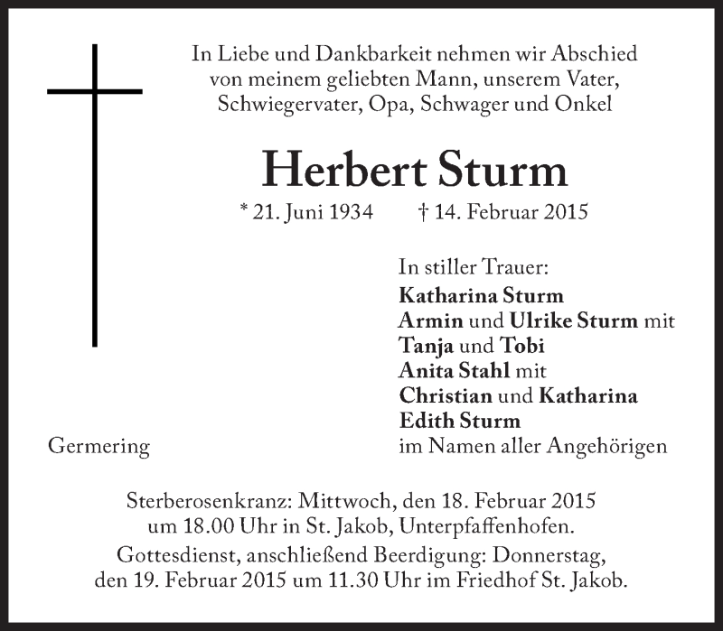  Traueranzeige für Herbert Sturm vom 17.02.2015 aus Süddeutsche Zeitung