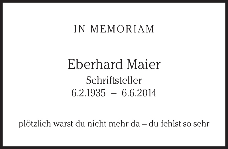  Traueranzeige für Eberhard Maier vom 06.06.2015 aus Süddeutsche Zeitung