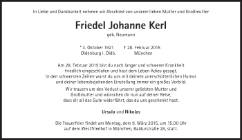 Traueranzeige von Friedel Johanne Kerl von Süddeutsche Zeitung
