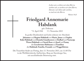 Traueranzeige von Friedgard Annemarie Habdank von Süddeutsche Zeitung