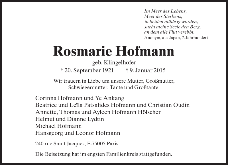 Traueranzeigen von Hofmann Rosmarie SZ Gedenken.de