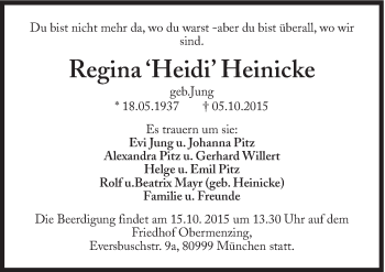 Traueranzeige von Regina  Heinicke von Süddeutsche Zeitung