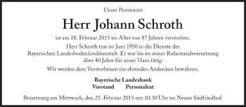 Traueranzeige von Johann Schroth von Süddeutsche Zeitung