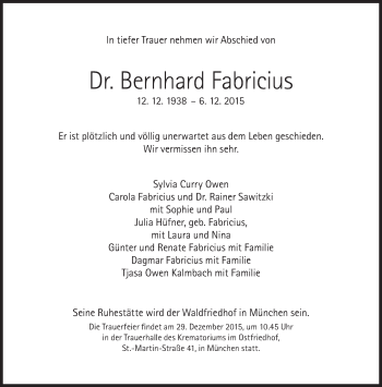 Traueranzeige von Bernhard Fabricius von Süddeutsche Zeitung
