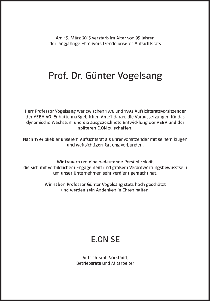  Traueranzeige für Günter Vogelsang vom 25.03.2015 aus Süddeutsche Zeitung