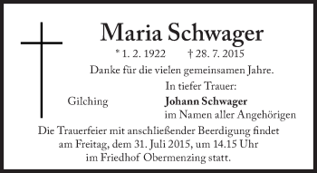 Traueranzeige von Maria Schwager von Süddeutsche Zeitung