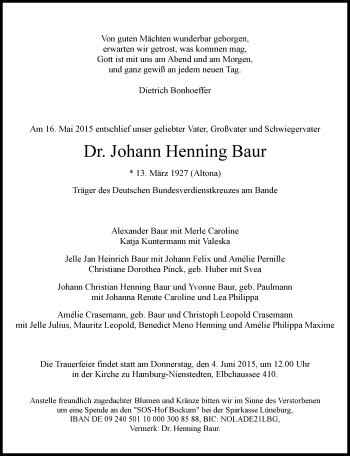 Traueranzeige von Johann Henning Baur von Süddeutsche Zeitung