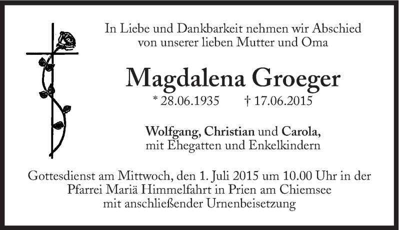  Traueranzeige für Magdalena Groeger vom 27.06.2015 aus Süddeutsche Zeitung