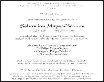 Traueranzeige von Sebastian Meyer-Brauns von Süddeutsche Zeitung