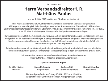 Traueranzeige von Matthäus Paulus von Süddeutsche Zeitung