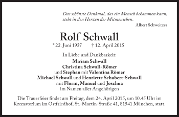 Traueranzeige von Rolf Schwall von Süddeutsche Zeitung