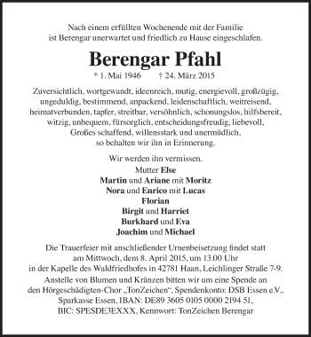 Traueranzeige von Berengar Pfahl von Süddeutsche Zeitung