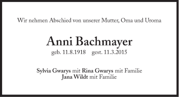 Traueranzeige von Anni Bachmayer von Süddeutsche Zeitung