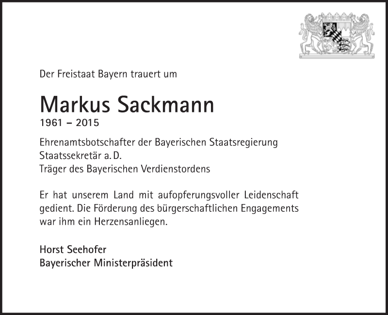  Traueranzeige für Markus Sackmann vom 05.09.2015 aus Süddeutsche Zeitung