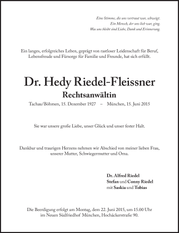 Traueranzeige von Hedy Riedel-Fleissner von Süddeutsche Zeitung