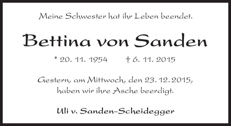  Traueranzeige für Bettina von Sanden vom 24.12.2015 aus Süddeutsche Zeitung