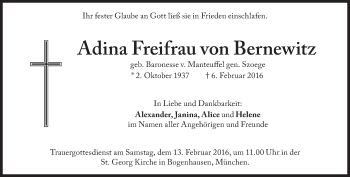 Traueranzeige von Adina  Freifrau von Bernewitz von Süddeutsche Zeitung