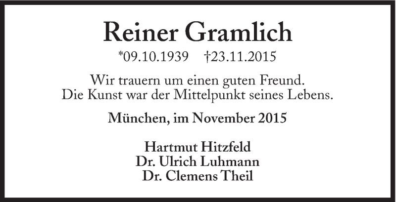  Traueranzeige für Reiner Gramlich vom 30.11.2015 aus Süddeutsche Zeitung