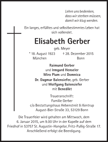Traueranzeige von Elisabeth Gerber von Süddeutsche Zeitung