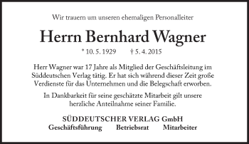 Traueranzeige von Wagner Bernhard von Süddeutsche Zeitung