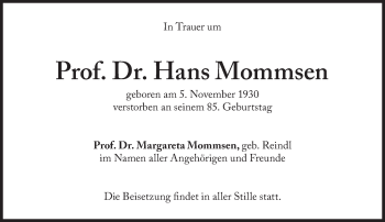 Traueranzeige von Hans Mommsen von Süddeutsche Zeitung