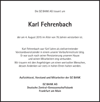 Traueranzeige von Karl Fehrenbach von Süddeutsche Zeitung