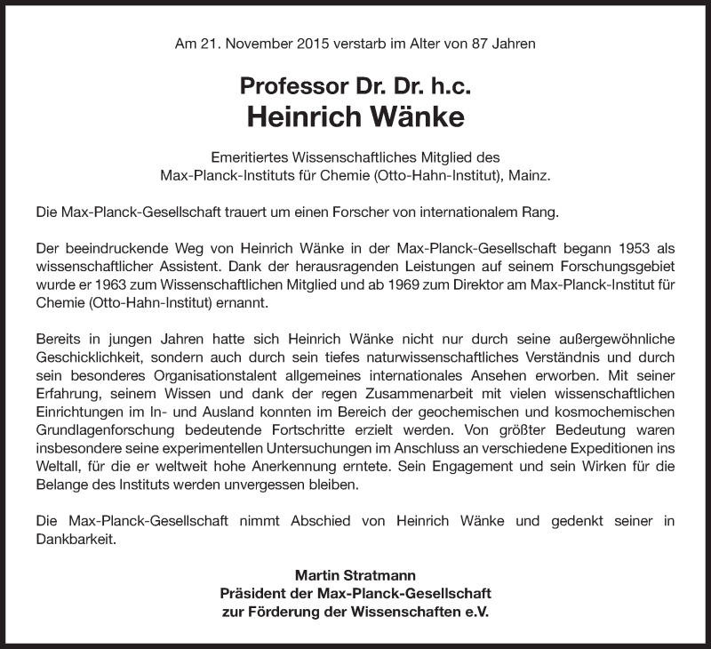  Traueranzeige für Heinrich Wänke vom 08.12.2015 aus Süddeutsche Zeitung