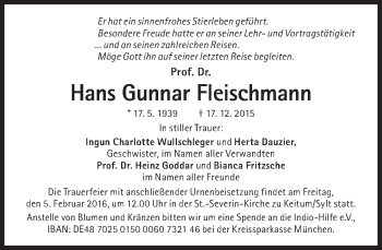 Traueranzeige von Gunnar Fleischmann von Süddeutsche Zeitung