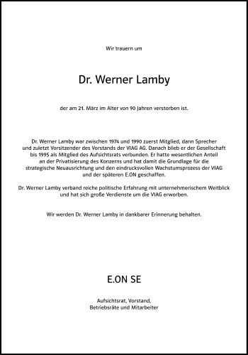 Traueranzeige von Werner Lamby von Süddeutsche Zeitung