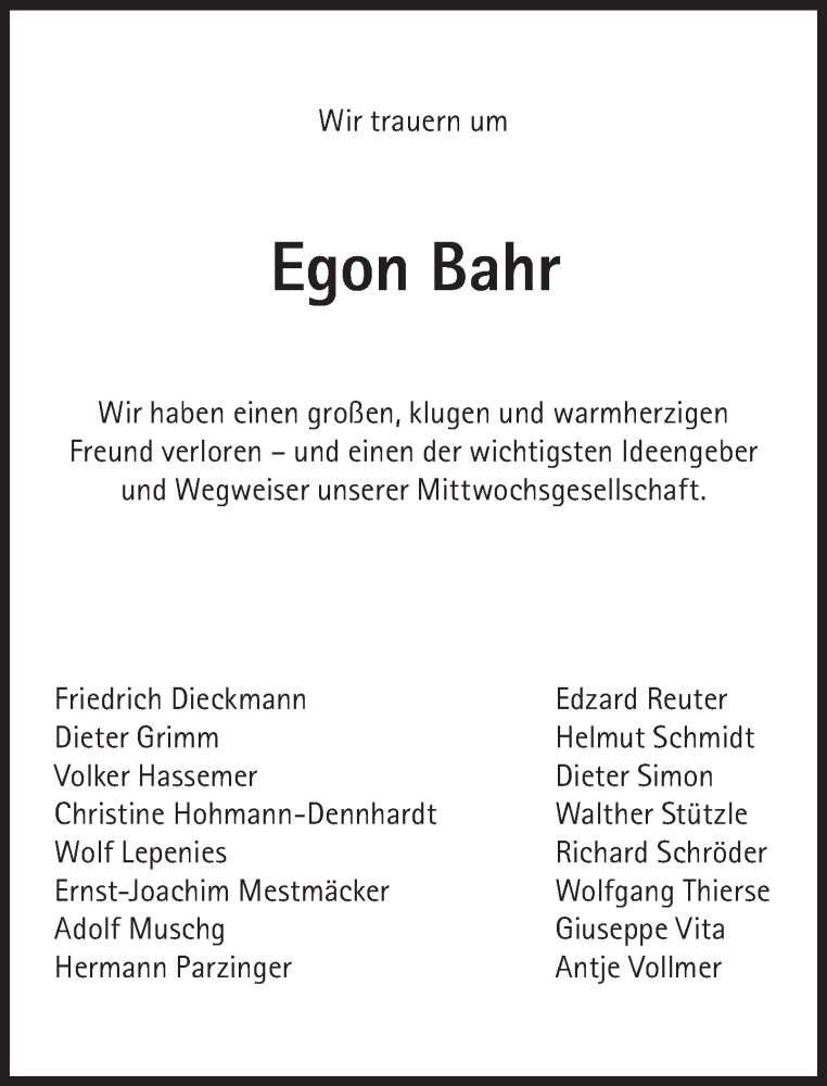  Traueranzeige für Egon Bahr vom 22.08.2015 aus Süddeutsche Zeitung