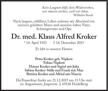 Traueranzeige von Klaus Alfred Kroker von Süddeutsche Zeitung