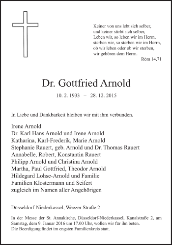 Traueranzeige von Gottfried Arnold von Süddeutsche Zeitung