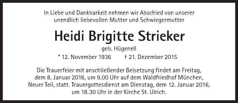 Traueranzeige für Heidi Brigitte Strieker vom 02.01.2016 aus Süddeutsche Zeitung