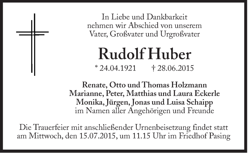  Traueranzeige für Rudolf Huber vom 04.07.2015 aus Süddeutsche Zeitung