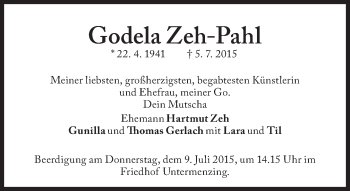 Traueranzeige von Godela Zeh-Pahl von Süddeutsche Zeitung