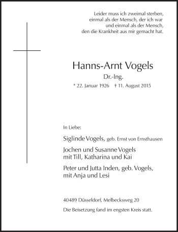 Traueranzeige von Hanns-Arnt Vogels von Süddeutsche Zeitung