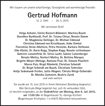 Traueranzeige von Gertrud Hofmann von Süddeutsche Zeitung