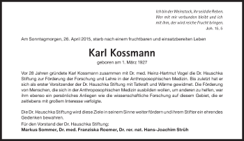 Traueranzeige von Karl Kossmann von Süddeutsche Zeitung