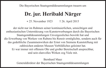Traueranzeige von Heribald Närger von Süddeutsche Zeitung