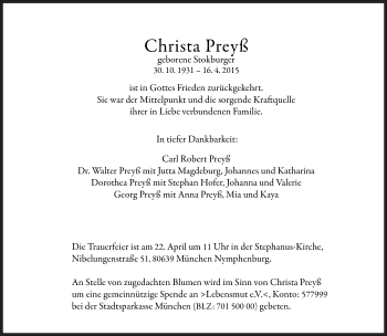 Traueranzeige von Christa Preyß von Süddeutsche Zeitung