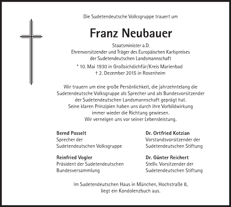  Traueranzeige für Franz Neubauer vom 05.12.2015 aus Süddeutsche Zeitung